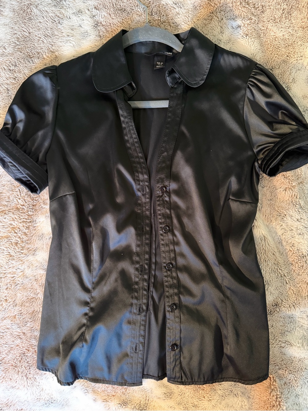 H&M Black Satin Short-Sleeve Button-Up Shirt
